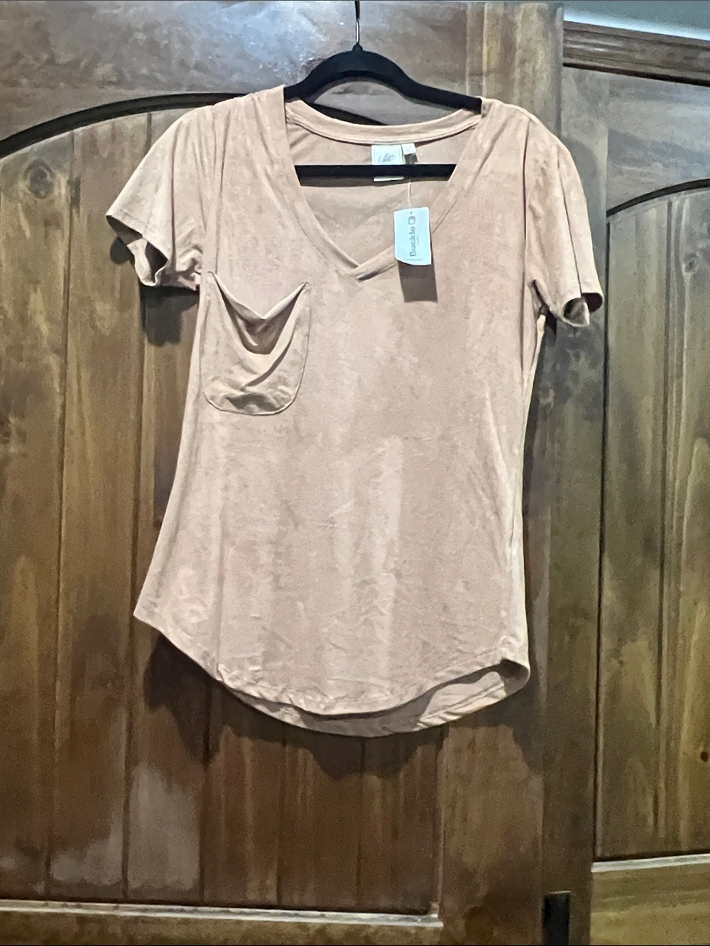 White Crow Short Sleeve V-Neck Suede Tee in light rust.